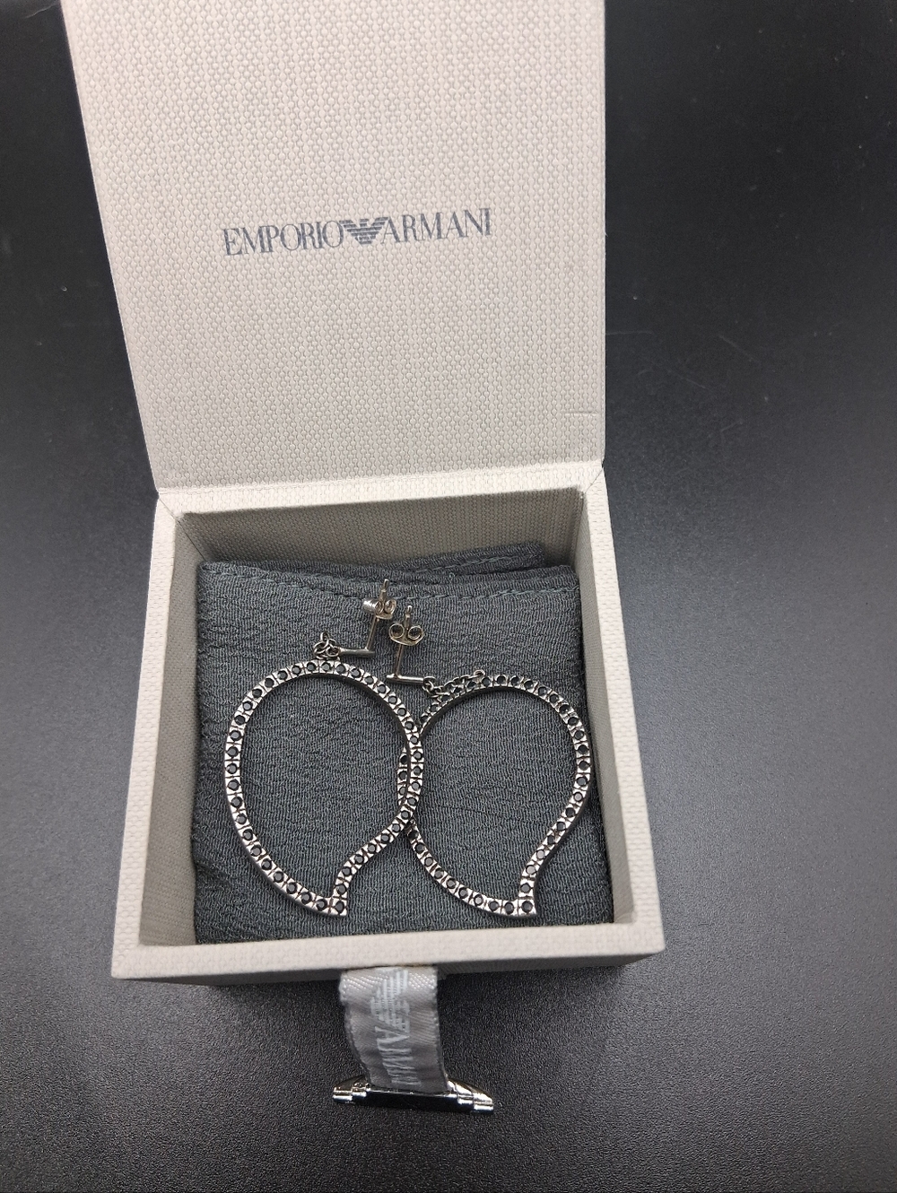 Emporio Armani .925 Sterling Silver Open Teardrop Pave Earrings With Box
